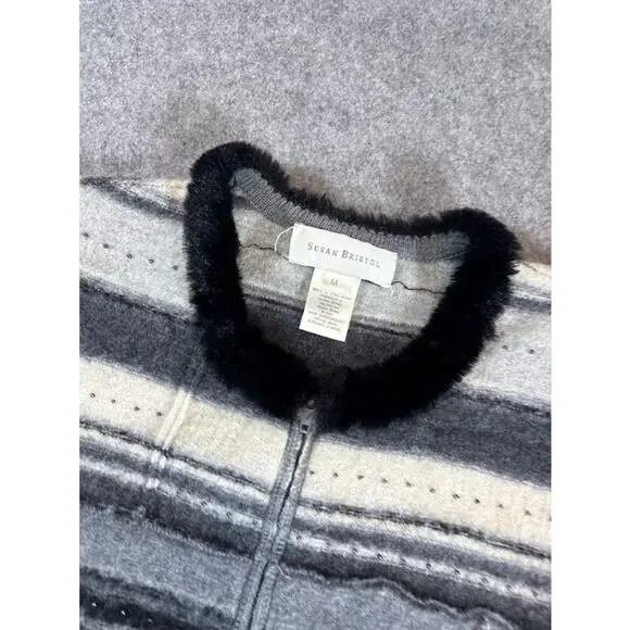 VTG Susan Bristol Hand Embroidered Wool Cardigan Womens M Striped Neutral Cozy - Picture 3 of 9